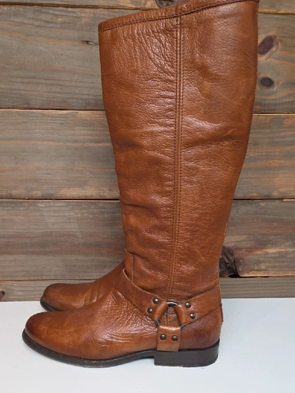 Frye Phillip Harness Tall Cognac Brown Leather Boots